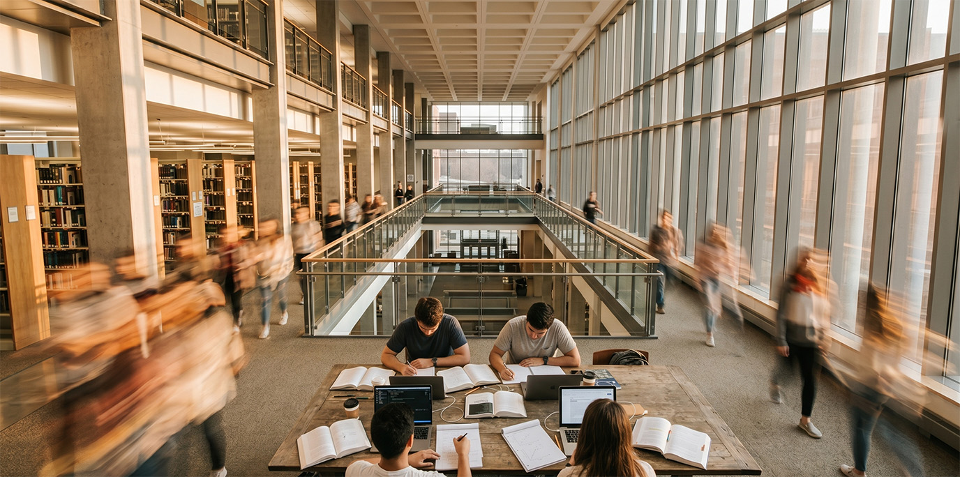 Students moving through a university hall, captured in long exposure